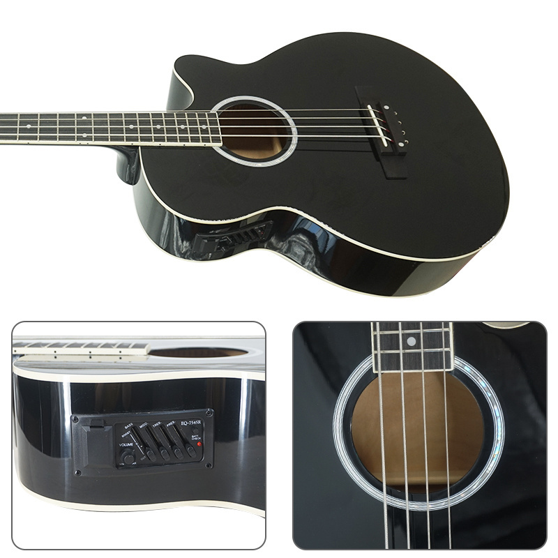 China Cheap Price custom made Black colour lindenwood 4 Steel String Electric Bass Acoustic Guitar with EQ