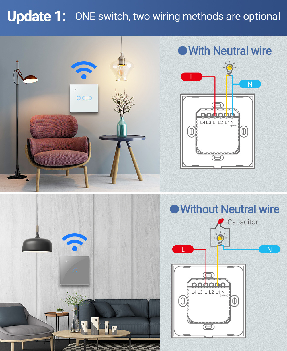 Tuya WiFi Switch Glass Screen Touch Panel Smart Home Interruptor Light Switch US 1/2/3/4 Works For Alexa Google home