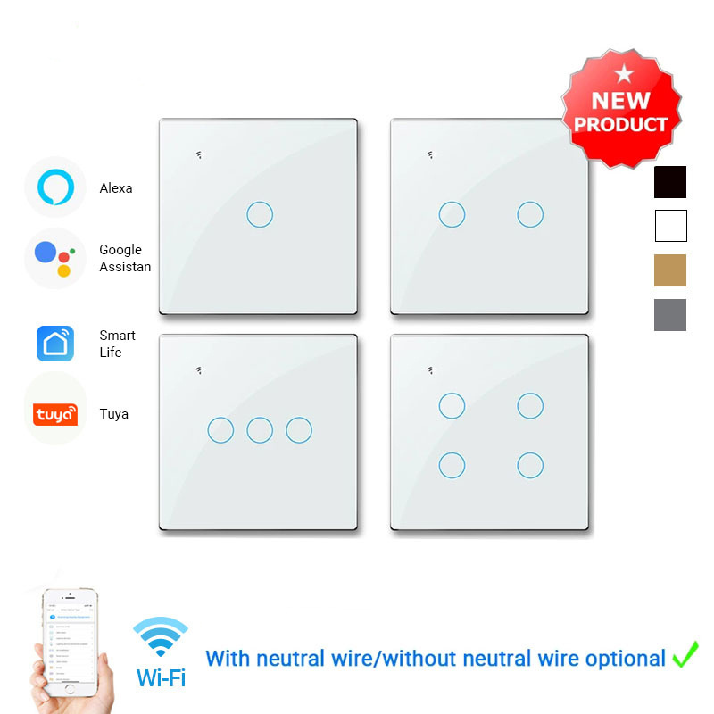 Tuya WiFi Switch Glass Screen Touch Panel Smart Home Interruptor Light Switch US 1/2/3/4 Works For Alexa Google home