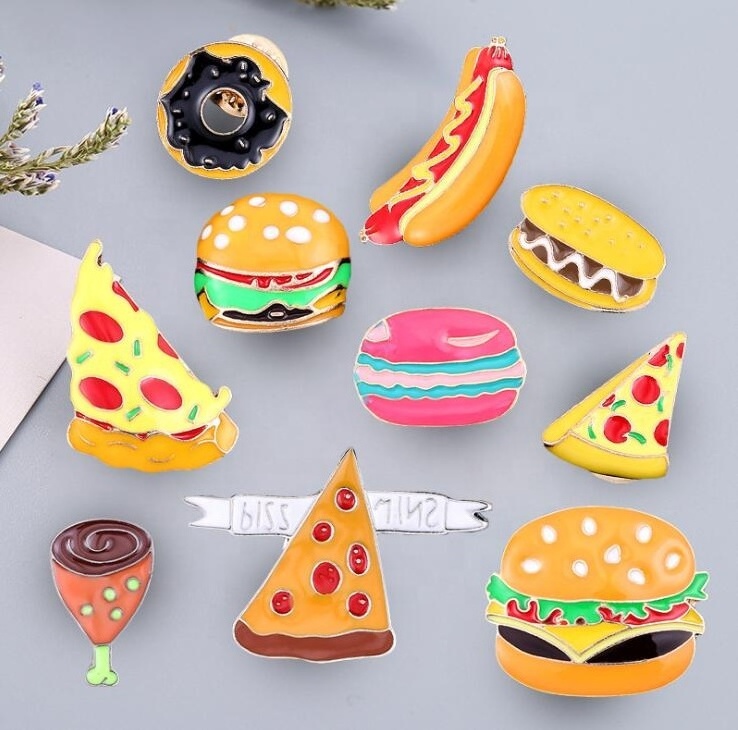 bulk china manufacturer custom logo enamel metal cheap funny pizza hamburg hot dog lapel pin