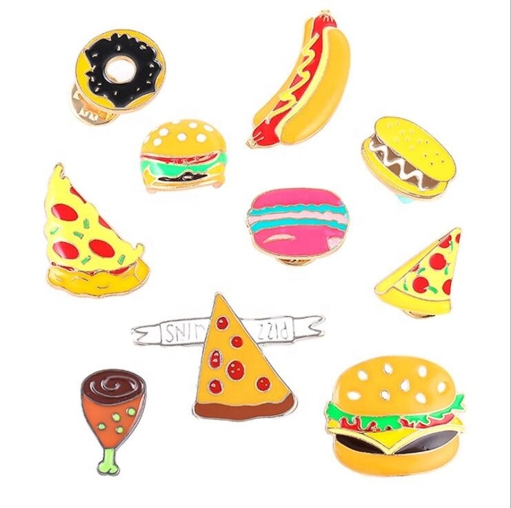 bulk china manufacturer custom logo enamel metal cheap funny pizza hamburg hot dog lapel pin