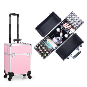 Makeup Train Suitcase with Trayers and Nail Storage Rolling Travel Cosmetic Organizer Professional Artist Case