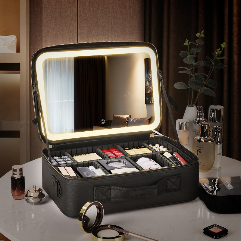 Portable large capacity cosmetic organizer bag make up case travel storage waterproof toiletry makeup brush bag with led mirror