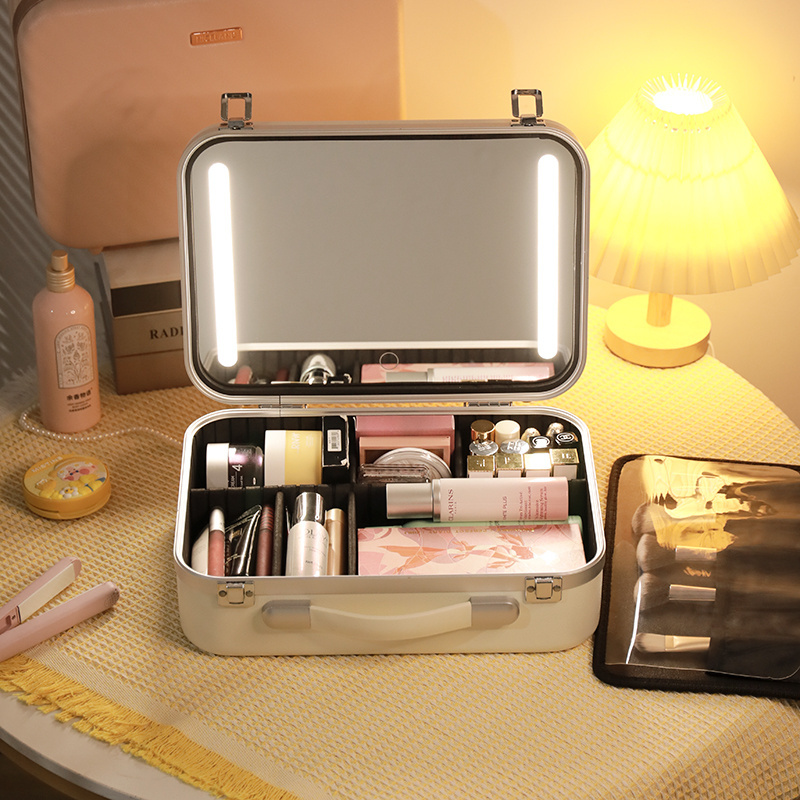 Wholesale price makeup vanity box new professional aluminum travel portable beauty organizer cosmetic case with led light mirror