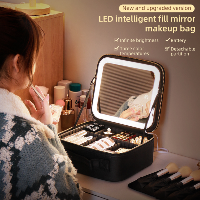 Portable large capacity cosmetic organizer bag make up case travel storage waterproof toiletry makeup brush bag with led mirror