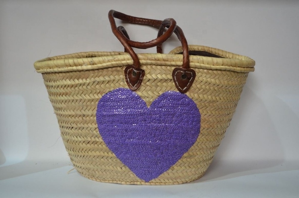 Moroccan Fashionable Wicker Handmade Storage Basket wicker with Flat Leather Handles and detailed with Purple heart in sequins