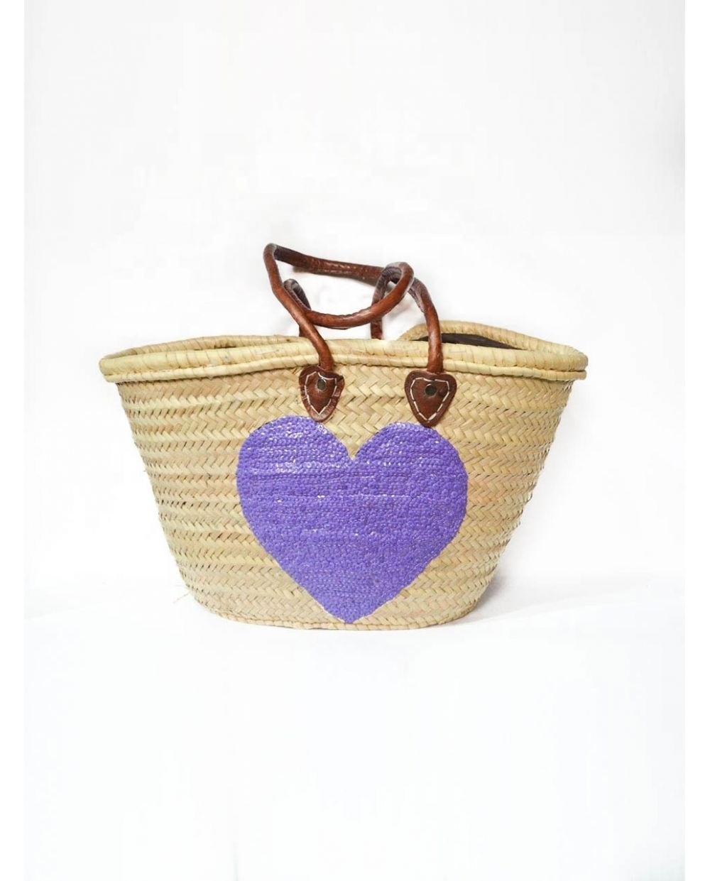 Moroccan Fashionable Wicker Handmade Storage Basket wicker with Flat Leather Handles and detailed with Purple heart in sequins