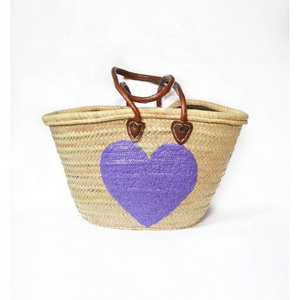 Moroccan Fashionable Wicker Handmade Storage Basket wicker with Flat Leather Handles and detailed with Purple heart in sequins