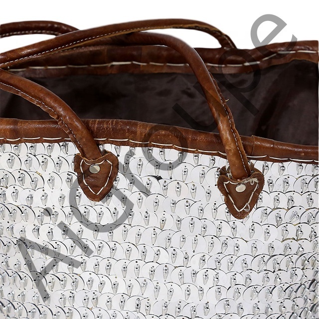 Moroccan Fashionable Wicker Handmade Storage Basket wicker with Flat Leather Handles and detailed with Silver Sequins