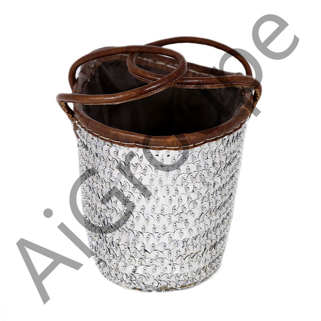 Moroccan Fashionable Wicker Handmade Storage Basket wicker with Flat Leather Handles and detailed with Silver Sequins