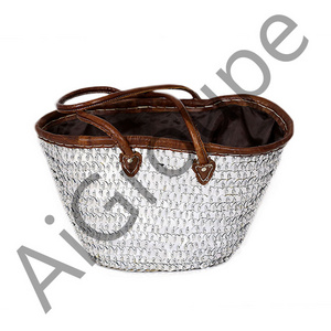 Moroccan Fashionable Wicker Handmade Storage Basket wicker with Flat Leather Handles and detailed with Silver Sequins