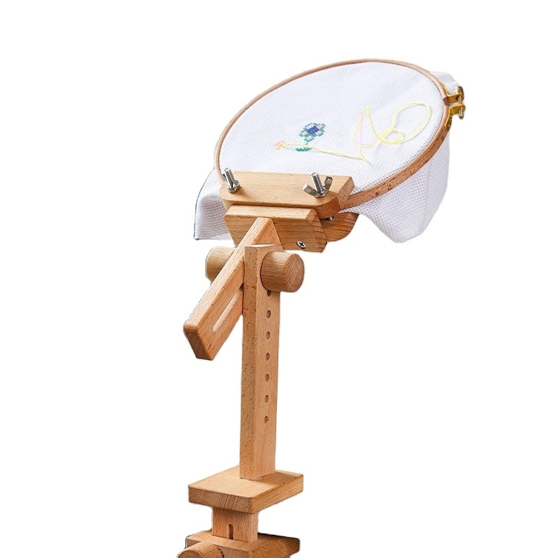 Adjustable Embroidery Hoop Stand Clamp, Rotated Beech Wood Hoop Holder Desktop,Embroidery Stand on Table