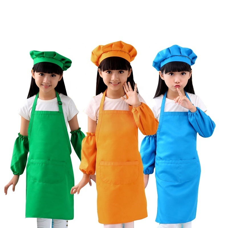 Kids Apron And Chef Hat Set, Polyester Child Aprons With 2 Pockets Kitchen Bib Aprons For Kitchen Cooking Baking