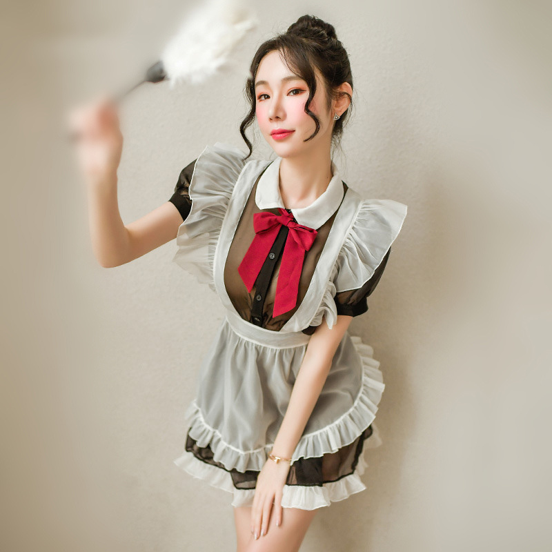 Women Sexy Lace Bowknot French Maid Apron Dress Black Cooking Cleaning Bar Work Waitress Lady Girl Uniform Costume Apron Adult