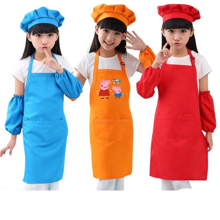 Kids Apron And Chef Hat Set, Polyester Child Aprons With 2 Pockets Kitchen Bib Aprons For Kitchen Cooking Baking