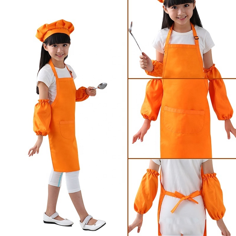 Kids Apron And Chef Hat Set, Polyester Child Aprons With 2 Pockets Kitchen Bib Aprons For Kitchen Cooking Baking