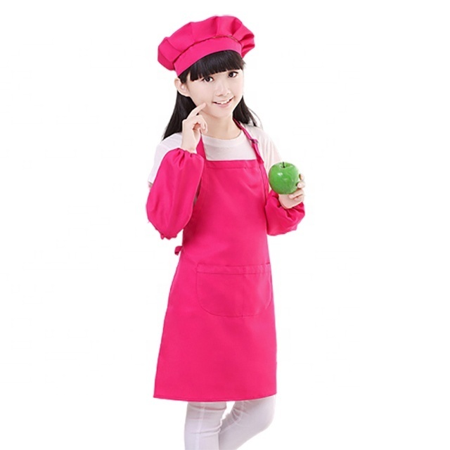 Kids Apron and Chef Hat Set, Boys Girls Adjustable Polyester Child Aprons with 2 Pockets for Kitchen Cooking Small Size