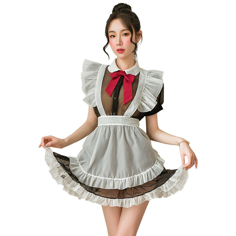 Women Sexy Lace Bowknot French Maid Apron Dress Black Cooking Cleaning Bar Work Waitress Lady Girl Uniform Costume Apron Adult