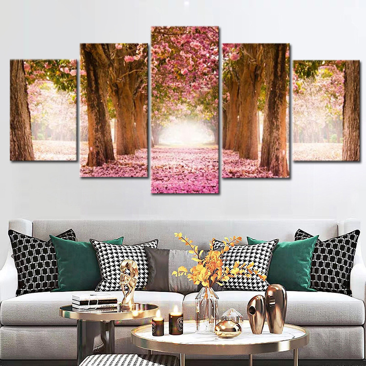 Living Room Decor 5 Panels Pink Flowers  Picture Canvas Cherry Blossom Print 5 piece painting art wall canvas landscape