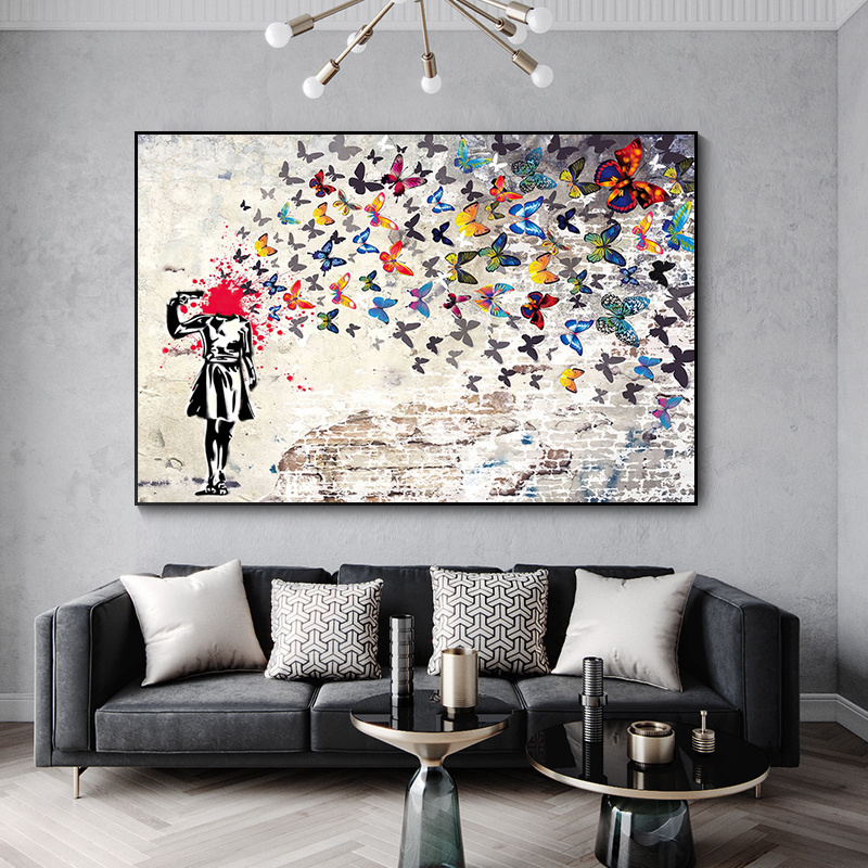 100% Hand Painted Banksy Artwork Girl With Butterfly Horse Riding Canvas Modern abstract artwork frame oil paintings handmade