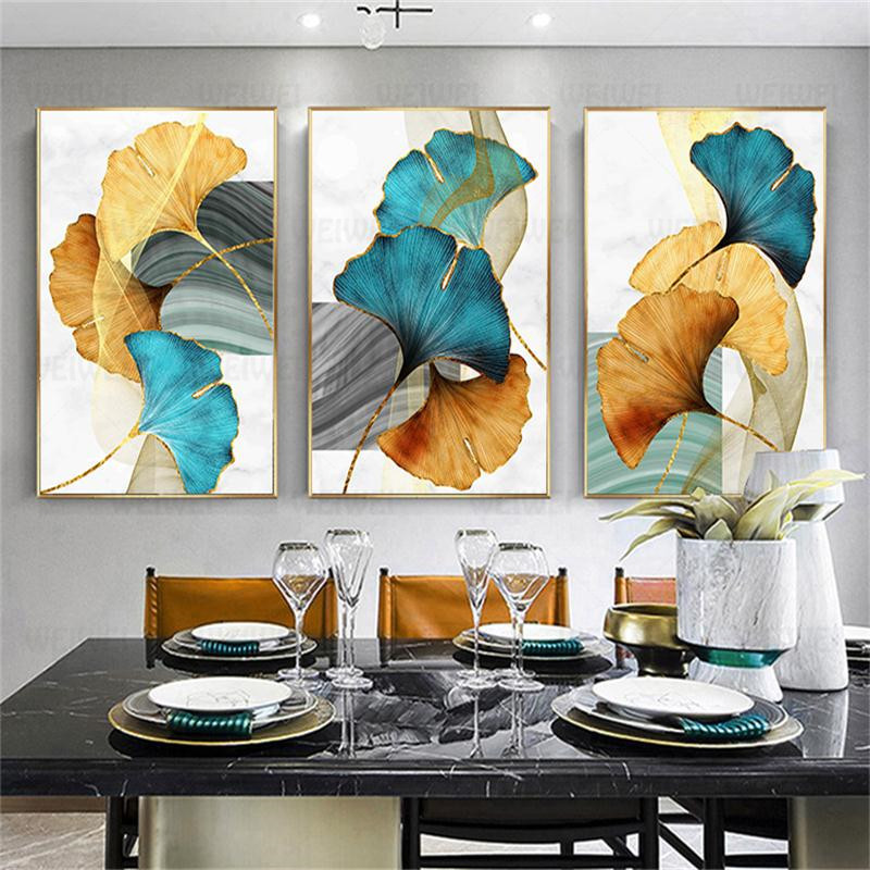 Blue Green Yellow Gold Plant Leaf Abstract Poster Nordic Canvas Print Wall Art Painting Modern Picture Living Room Decoration