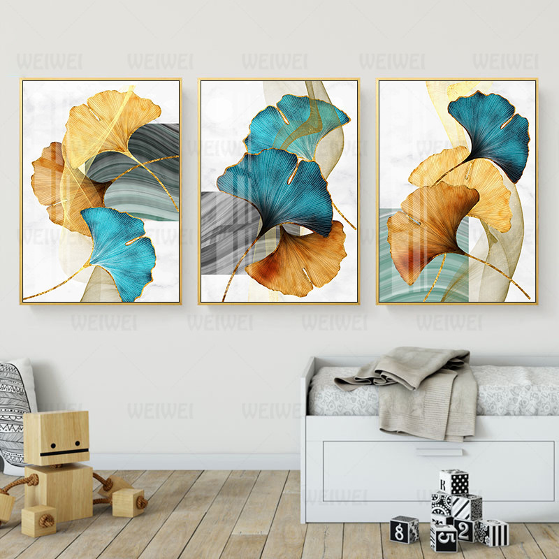 Blue Green Yellow Gold Plant Leaf Abstract Poster Nordic Canvas Print Wall Art Painting Modern Picture Living Room Decoration