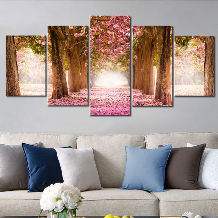 Living Room Decor 5 Panels Pink Flowers  Picture Canvas Cherry Blossom Print 5 piece painting art wall canvas landscape