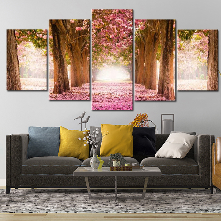 Living Room Decor 5 Panels Pink Flowers  Picture Canvas Cherry Blossom Print 5 piece painting art wall canvas landscape