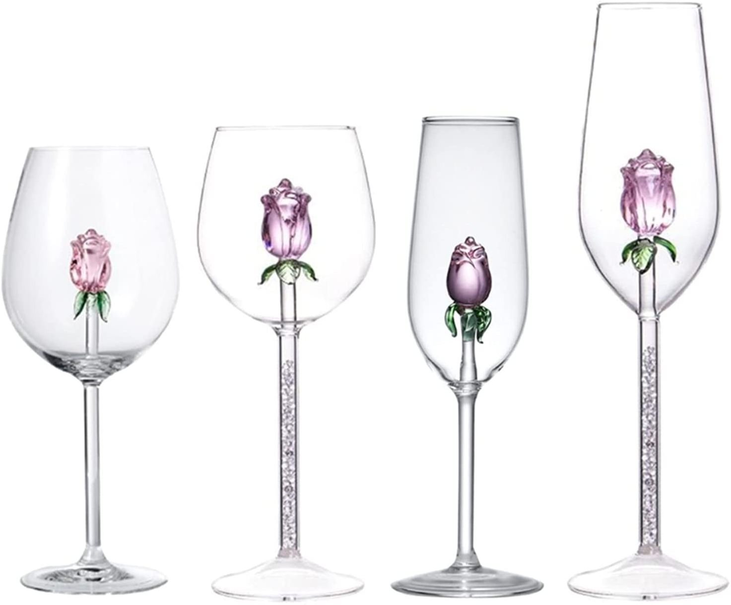 lead free Champagne Flutes Crystal Glasses with pink rose flower glass inside Wine Stemware Clear for Wedding Toasting Christmas