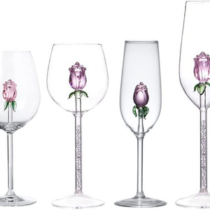 lead free Champagne Flutes Crystal Glasses with pink rose flower glass inside Wine Stemware Clear for Wedding Toasting Christmas