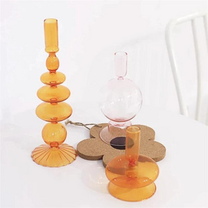 Nordic Vintage Wavy Orange Votive tall clear Glass Candlestick Holders Crystal Candle Holders