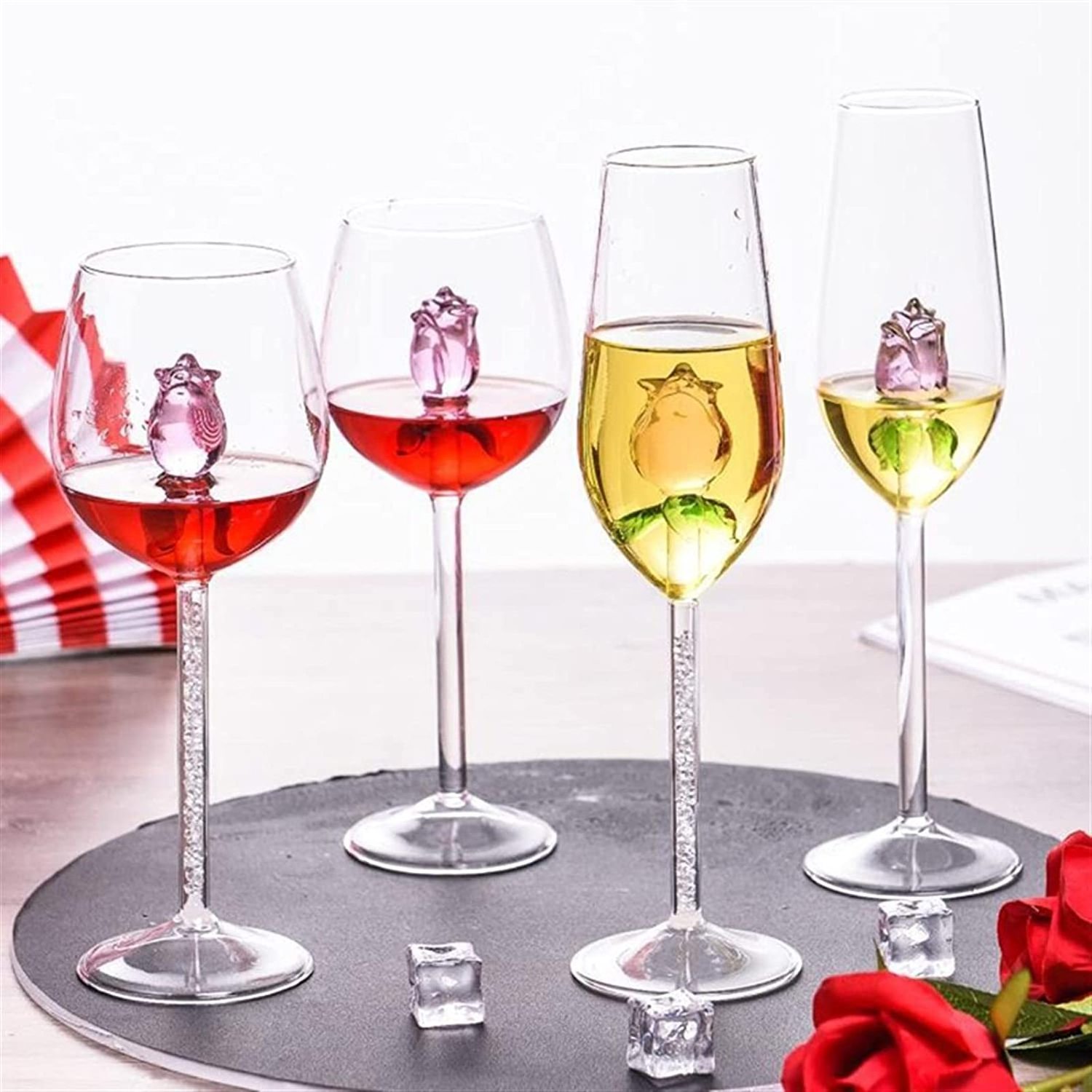 lead free Champagne Flutes Crystal Glasses with pink rose flower glass inside Wine Stemware Clear for Wedding Toasting Christmas