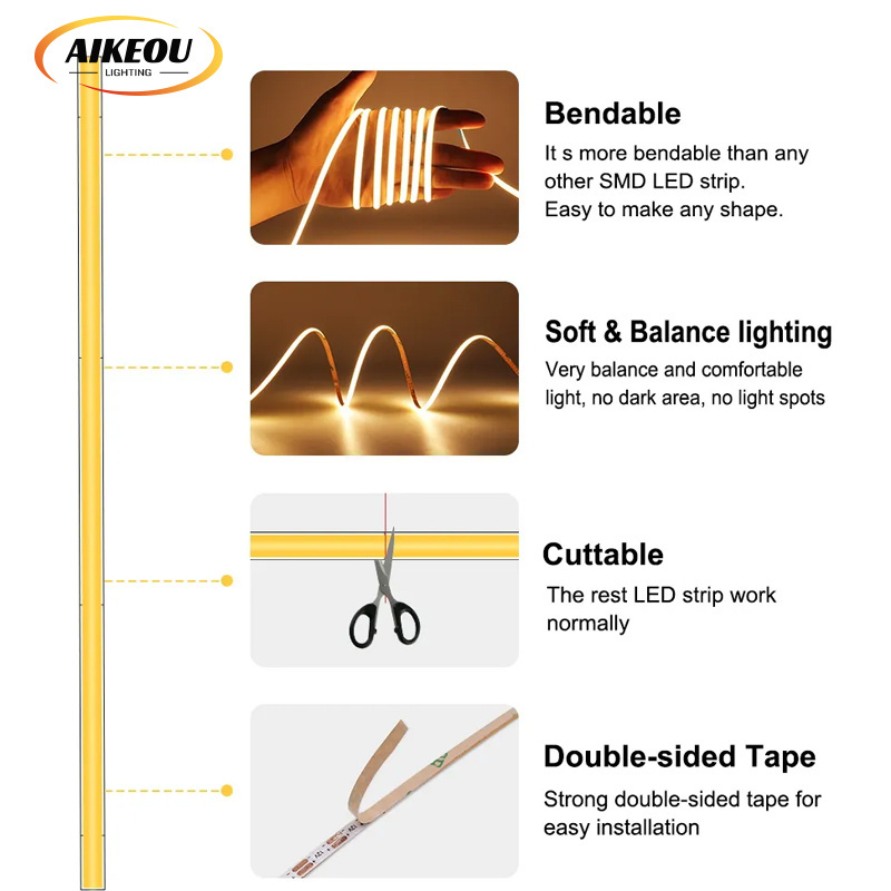 Factory Supply 400 312 320 384 480chips 12V 24V 5mm 8mm Cob Led Strip Light For Cabinet Home DIY Lighting Projects