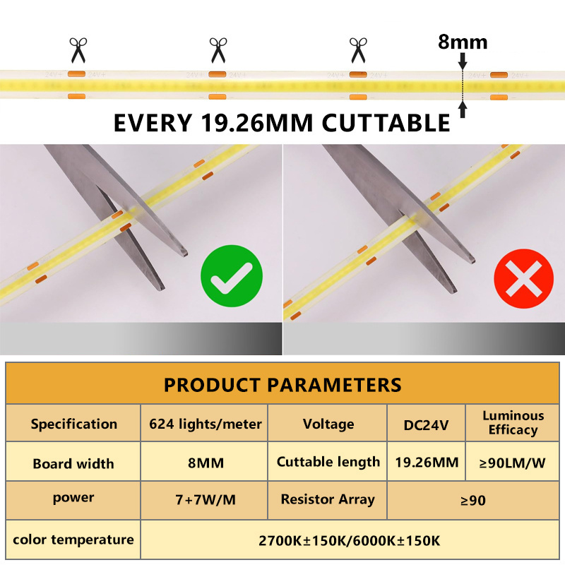 Factory Dual Color 624 LEDs/m Flexible LED 8mm 10 Meters Without Pressure Drop 24V COB Strip Light