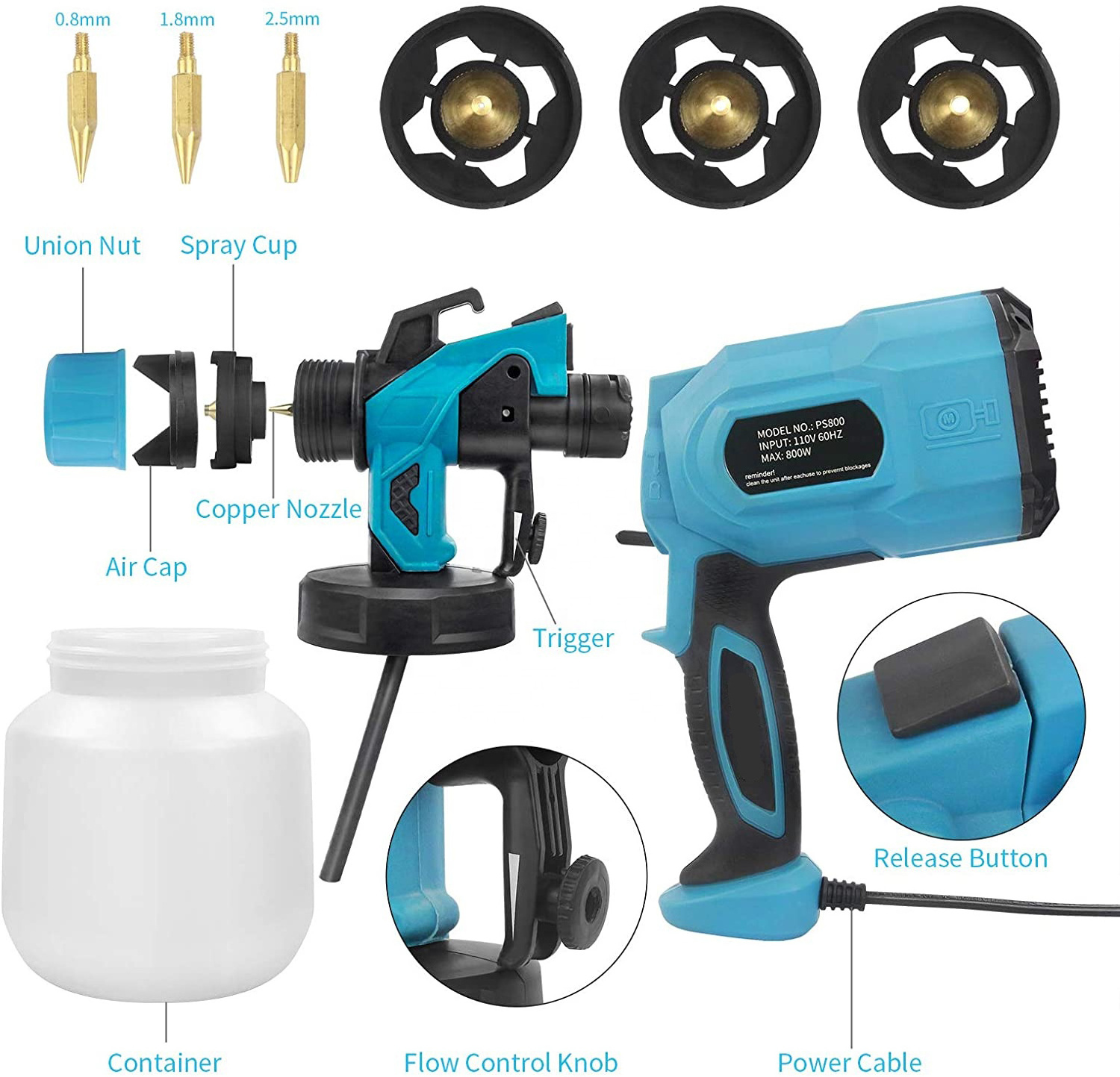 Multi-functional Portable Paint Spray Gun 800 Watts Handheld Manual HVLP 110 Volts Paint Sprayer