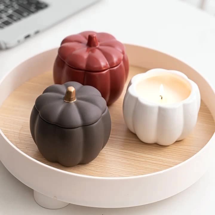 Scented Colorful White Pumpkin Shaped Container Matte Frosted Ceramic Candle With Lids Halloween Home Decoration