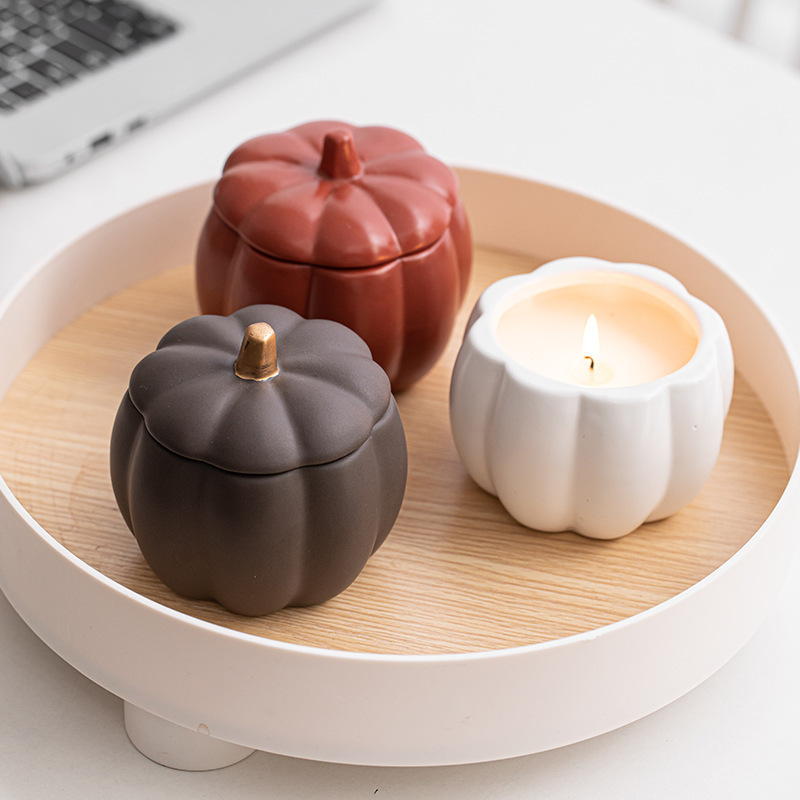 Scented Colorful White Pumpkin Shaped Container Matte Frosted Ceramic Candle With Lids Halloween Home Decoration