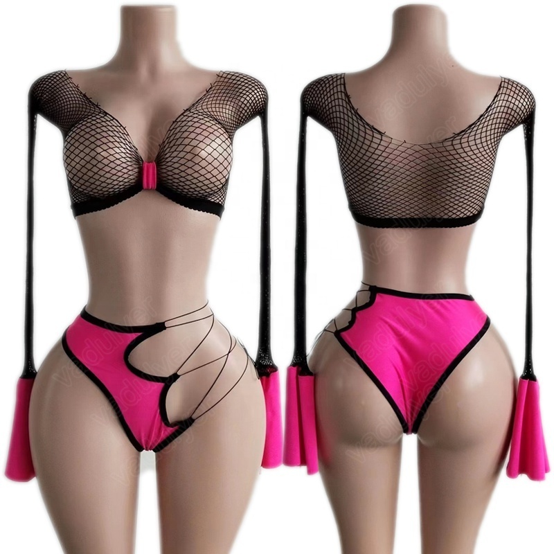 Wholesale Exotic Dancewear Customize Fishnet Diamond Stripper Clothes with Thongs