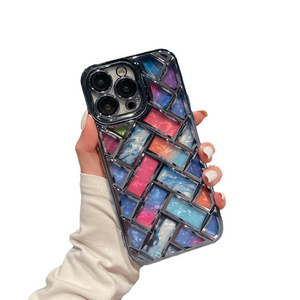 AilesTecca Colorful Woven Plaid Electroplating TPU Phone Case For iPhone 15 pro max Camera Lens Protection Phone Cover for Women