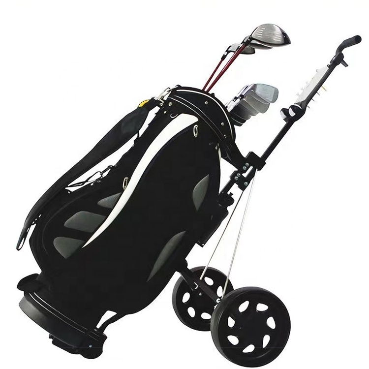 Factory Price Foldable Multifunctional Panel Lightweight Iron Frame Black 2 Wheels Golf Bag Push Trolley With Foot Brake