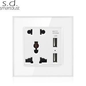 Universal 5 Pin Outlet Plug Glass Panel Electric Multi Socket Wall Socket With USB