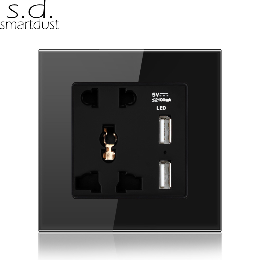 Universal 5 Pin Outlet Plug Glass Panel Electric Multi Socket Wall Socket With USB