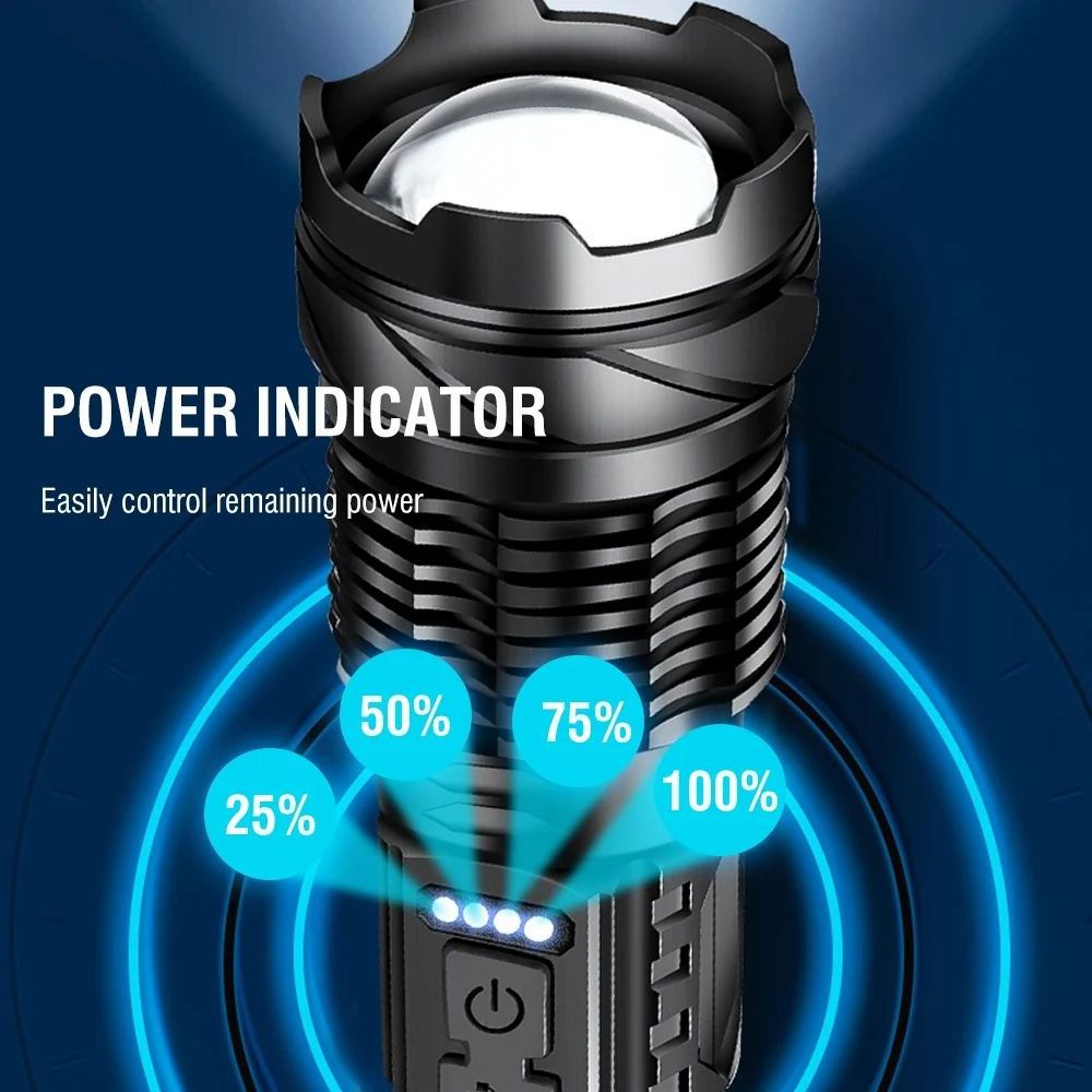 In Stock HighPower Flashlight 2000 Lumen LED Zoom Focus Power Display Handheld Torch Type C Rechargeable Flash Light for Camping