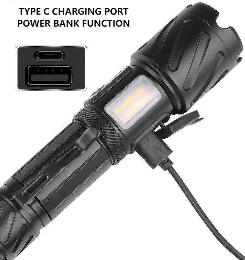 Outdoor 5000 Lumen P160 LED Torch High Brightness Zoomable Flashlight with Red Warm White Light Waterproof for Camping