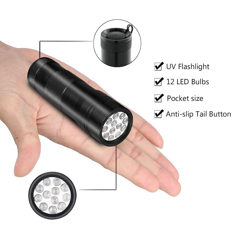 Mini Size Portable UV Flashlight 12 LED AAA Battery 395nm Ultraviolet Light Fluorescence Detector Torch Light