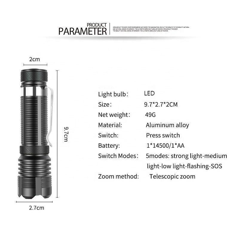 Camping LED Flashlight 2000 Lumen Zoom Focus Lantern Mini LED Torch Long Working Time AA Batteries Flashlights EDC with Clip