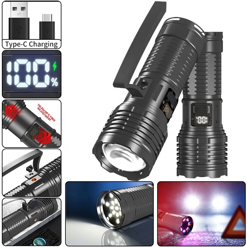 High Lumen Handheld Searchlight 1500m Beam Range 60W Laser Flashlight Telescopic Zoomable Power Bank Rechargeable LED Lights