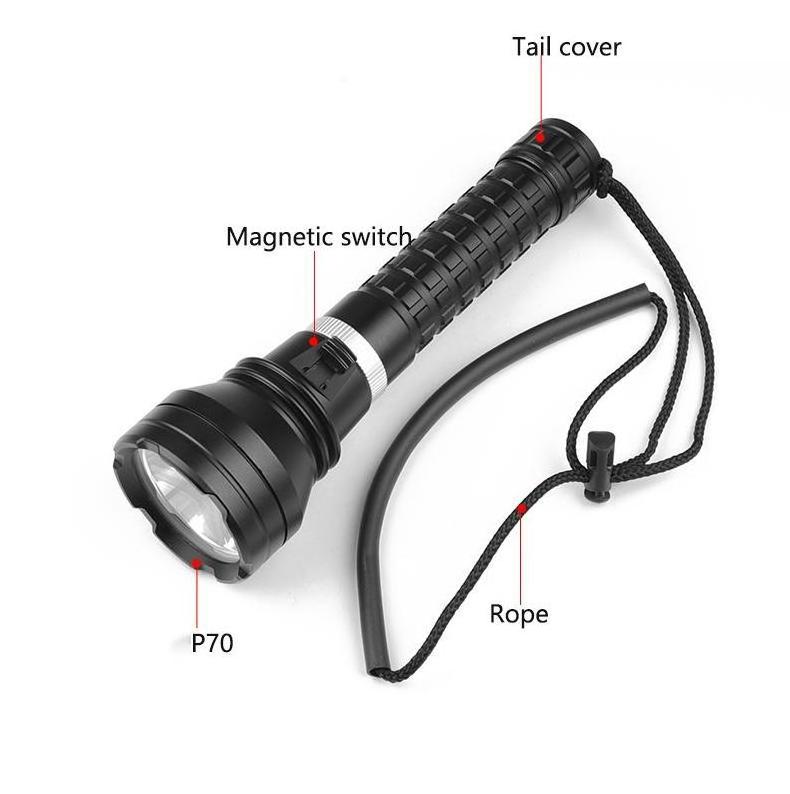 High Power Torch Light P70 LED 3000 Lumen Dive Flashlight Powered by 18650/26650 Battery IPX8 Portable Flash Light for Diving