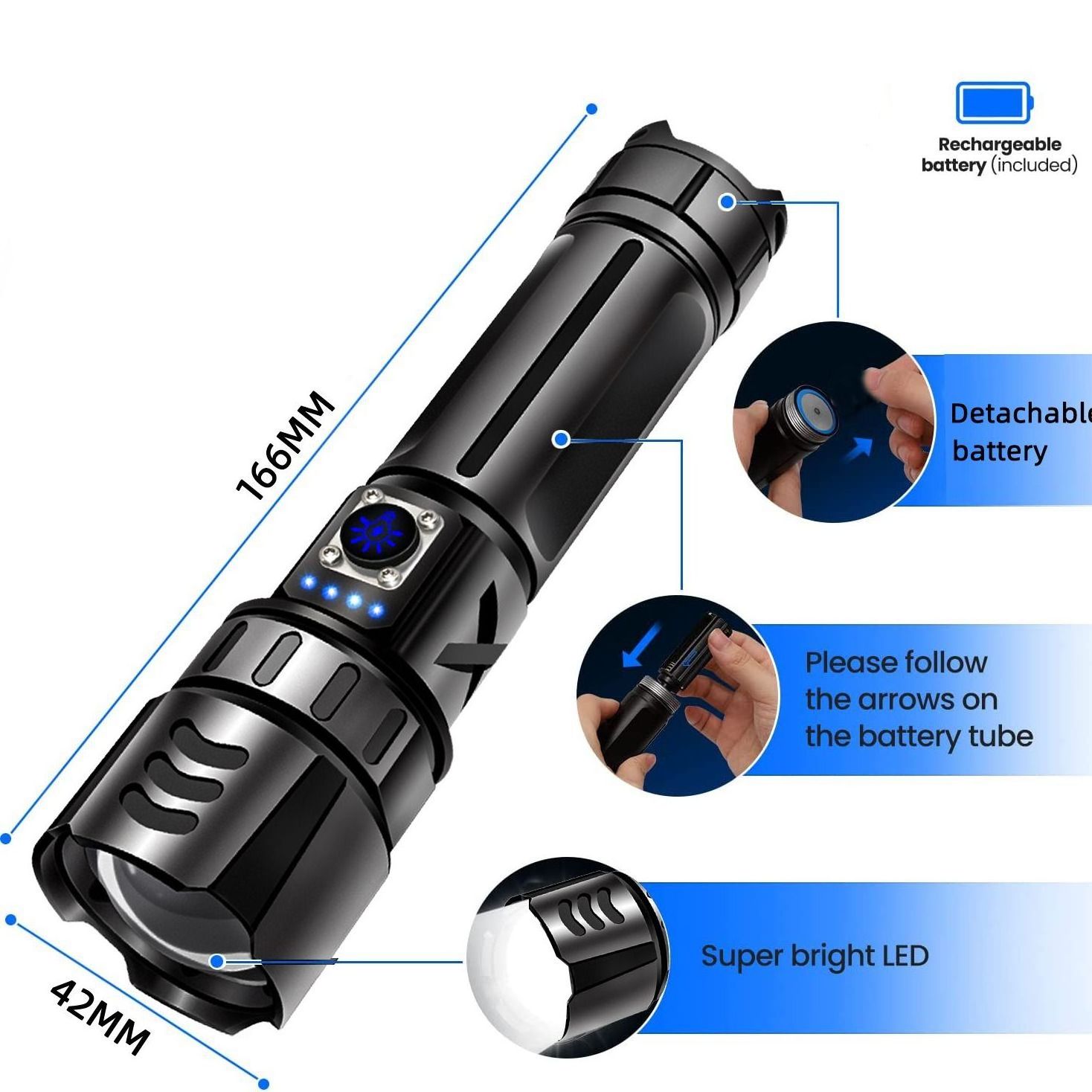 3000 Lumen Zoomable Torch Lights Aluminum Alloy Material High Power LED Flashlight P70 LED with Power Display Power Bank