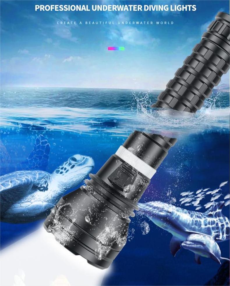 High Power Torch Light P70 LED 3000 Lumen Dive Flashlight Powered by 18650/26650 Battery IPX8 Portable Flash Light for Diving